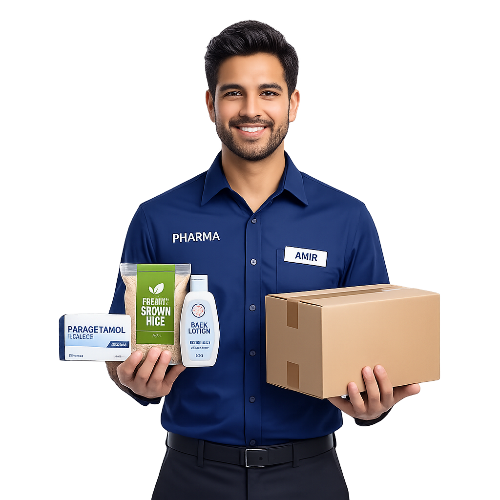 Taj AL Tamam Pharmacy pharmacist with medicines and daily essentials